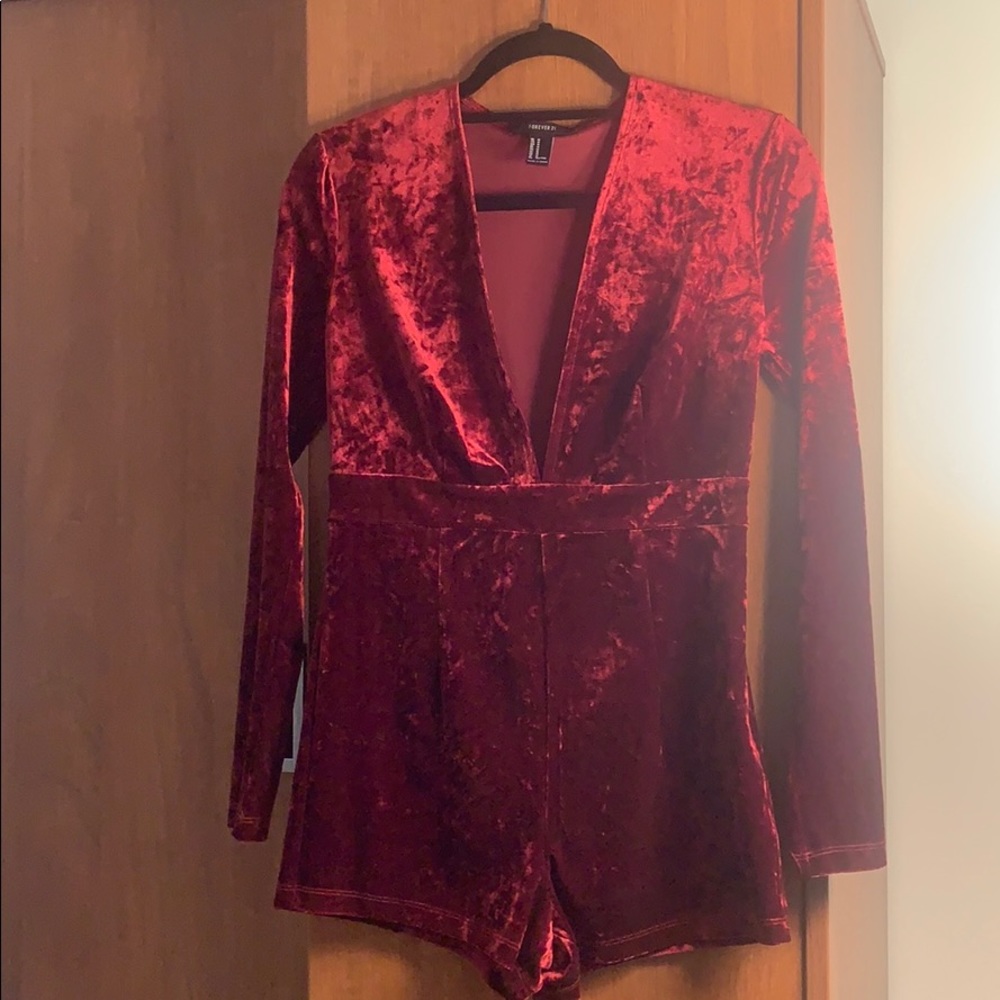 Forever 21 deep v red velvet romper